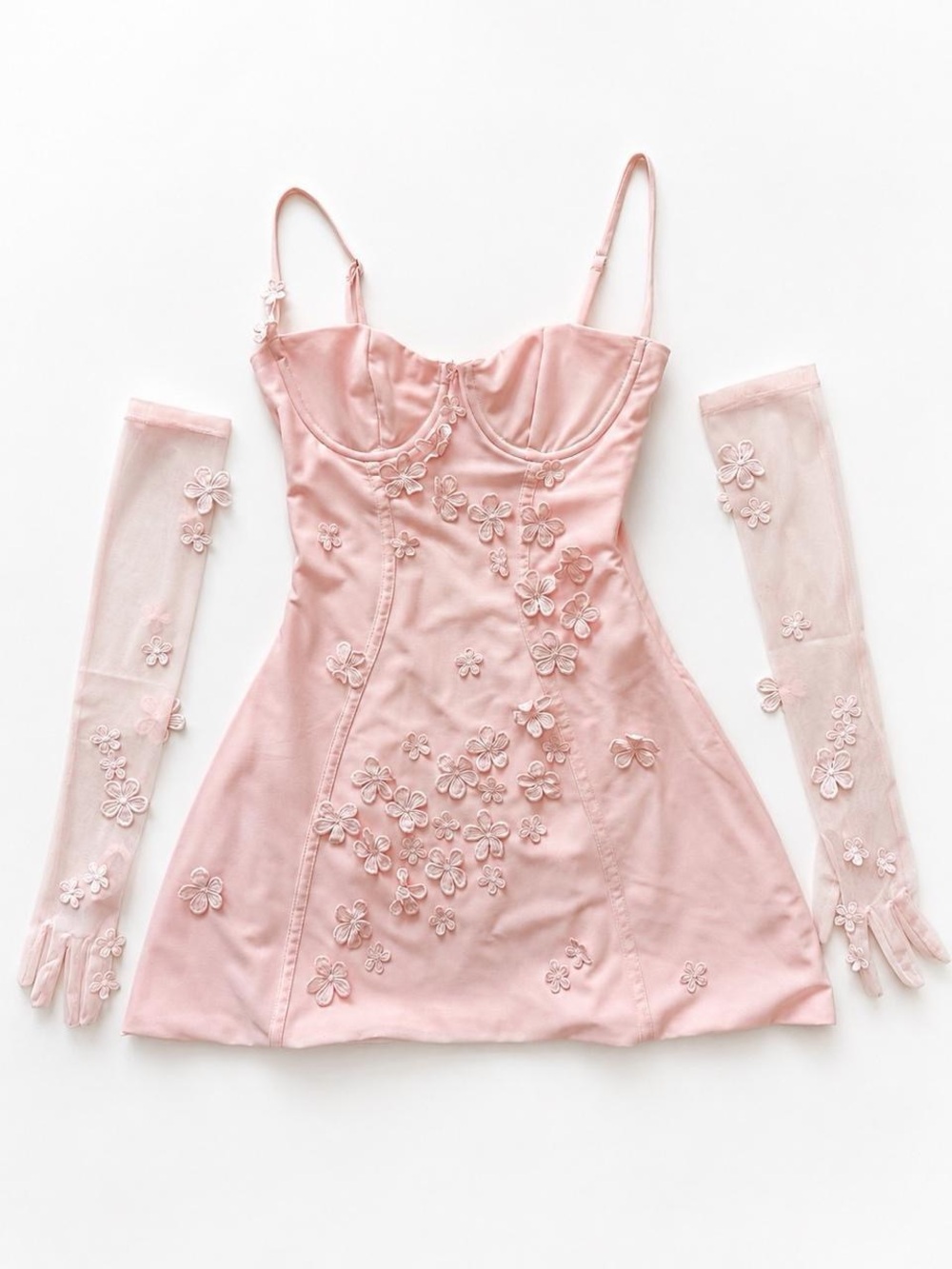 BABYBOO Pink Floral Appliqué Mini Dress with Sheer Gloves